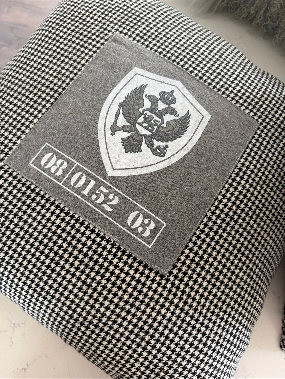 Pair of Houndstooth Decorative Pillows with Crest Patch - Black & White